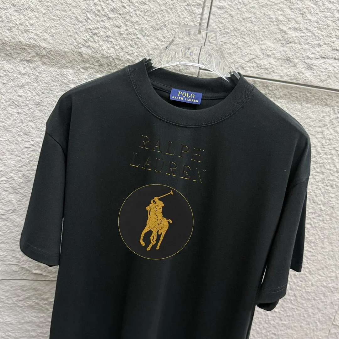 P150 Polo* Ralph Lauren 2025 spring and summer new style Classic letter pony print custom double yarn plain cotton fabric short-sleeved T-shirt for men and women Color: black white Size: S (90-130 pounds) M (120-150 pounds) L (140-165 pounds) XL (160-180 pounds) XXL (180-210 pounds)